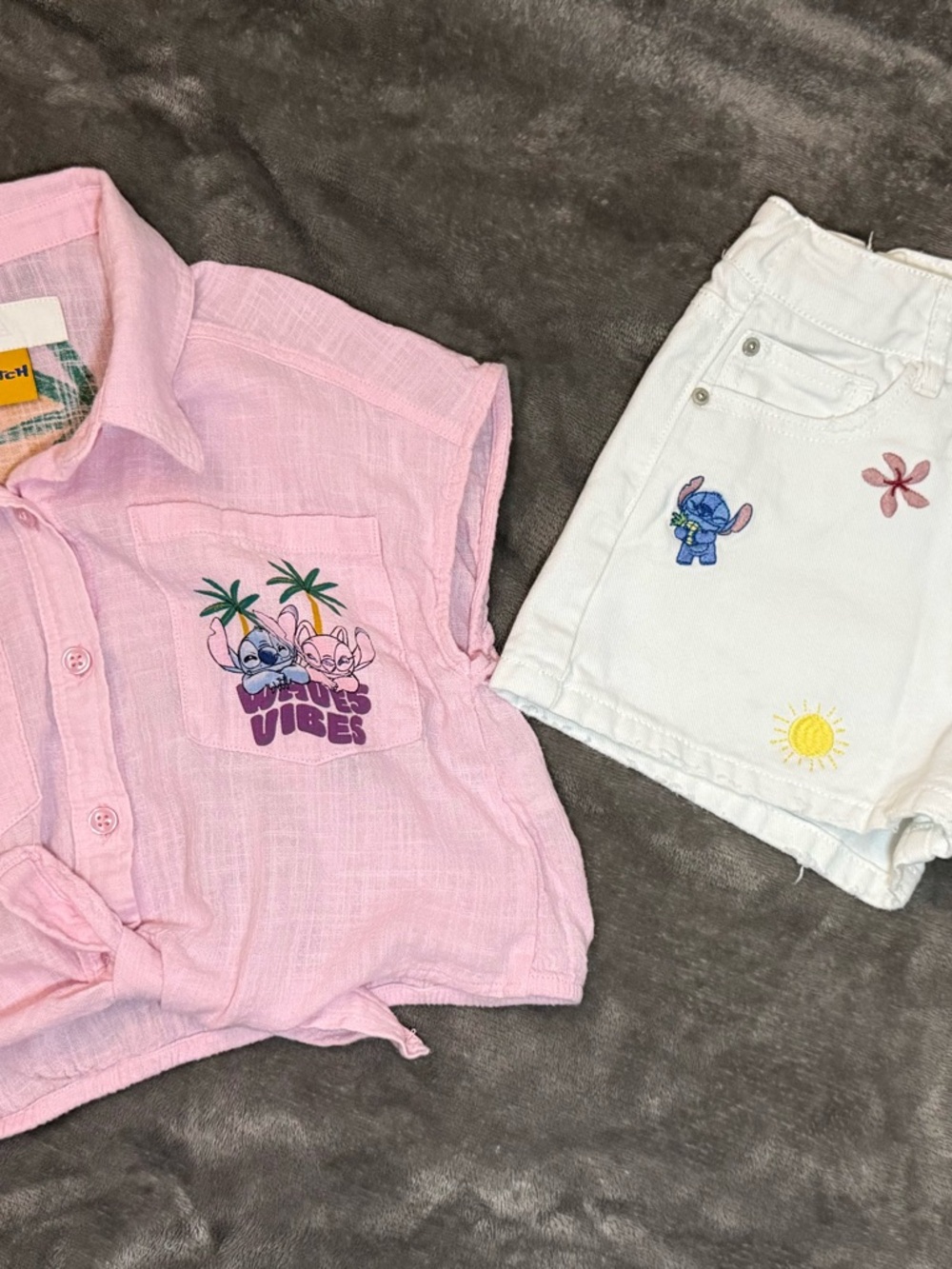 Zara Girls Size 8-9 Stitch Outfit Set Pink Top White Embroidered Shorts Summer